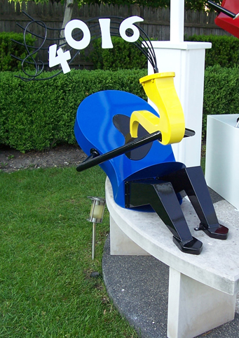 whimsical, abstract figurative, colorful, musician, outdoor sculpture, address marker, powdeer coated steel