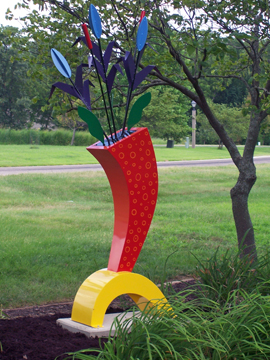 abstract, colorful, contemporary, whimsical, floral, free standing, indoor outdoor, sculpture, powder coated steel, enamel paints