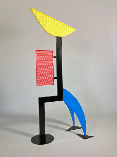abstract, contemporary, colorful, whimsical,free standing,  metal sculpture, made of steel, perforated steel and enamel paints