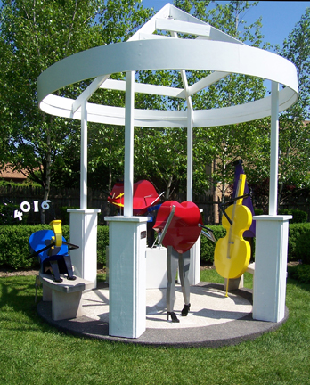 abstract, contemporary, whimsical, colorful, outdoor, musical instruments, musicians, sculpture