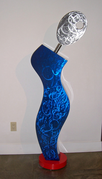 abstract figurative, free standing, contemporary, metal sculpture, made of burnished, powder coated steel and enamel paint