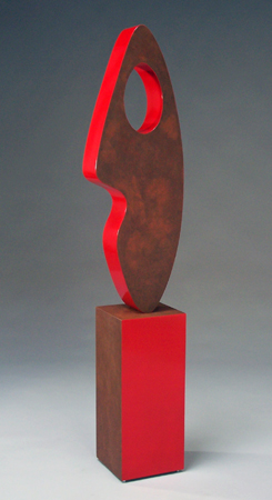 abstract, contemporary, free standing, metal sculpture, steel, enamel paint, patina