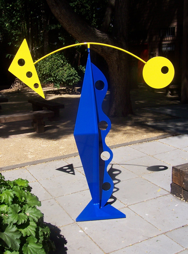 abstract, contemporary, free standing, kinetic, sculpture, made of powder coated steel