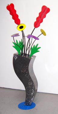 abstract, whimsical, floral, free standing, indoor outdoor, sculpture, burnished steel, enamel paints