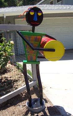 whimsical, abstract figurative, free standing, colorful, functional, outdoor, sculpture, mailbox, steel, enamel paints