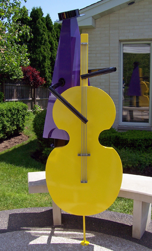 whimsical, abstract figurative, contrabass player, outdoor sculpture, powdercoated steel