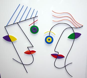 abstract, figurative, whimsical, contemporary, wall mounted, sculpture, steel, enamel paints
