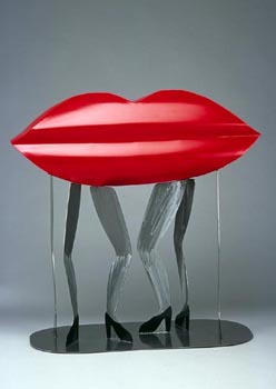 whimsical, abstract, figurative, contemporary, sculpture, lips, legs, free standing, indoor outdoor, metal, enamel paints
